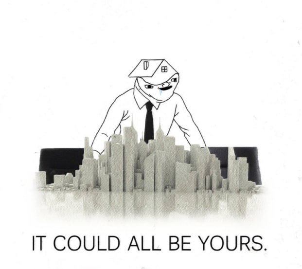 Retard wojak with a house for a head, leaning over a model of a city skyline