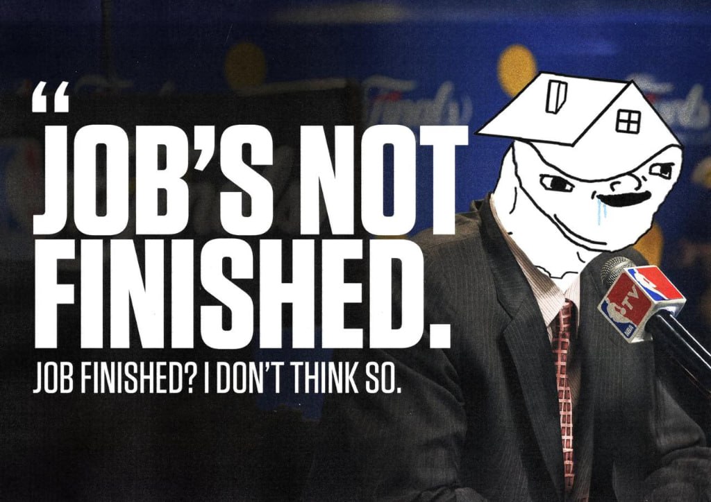 A house-headed wojak superimposed on a courtside sports interview, headline JOB'S NOT FINISHED
